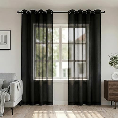 KOUFALL Black Grommet Faux Linen Sheer Window Curtains 52x90 Inch Length