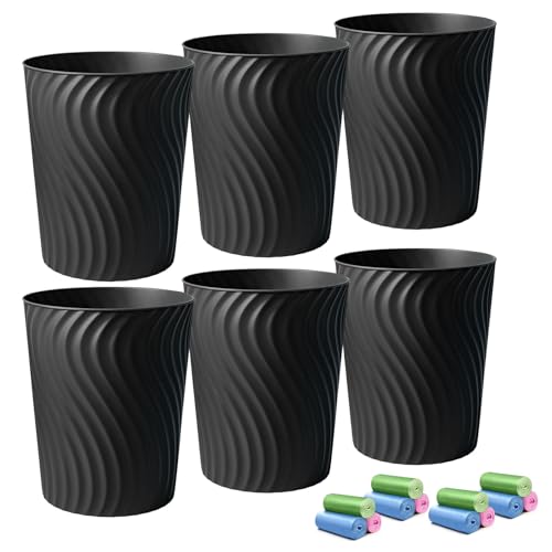 YGJT Small Trash Can, 6 Pack 1.8 Gallons Bathroom Trash Can, Slim Waste Basket, Round Garbage Can, Plastic Trash Bin for Kitchen, Dorm, Bedroom, Office, Living Room, Study, Compact Spaces(Black)