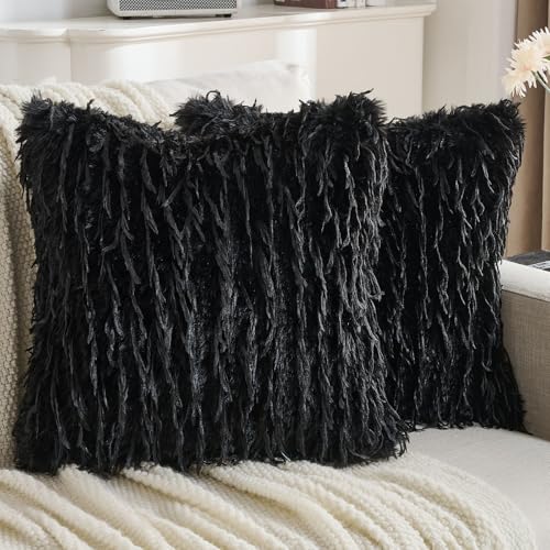 FUTEI Black Decorative Throw Pillow Covers 20x20 Inch Set of 2,Soft Fluffy Faux Feather Texture Cushion Cases,Modern Home Luxury Decor for Couch Bed Living Room