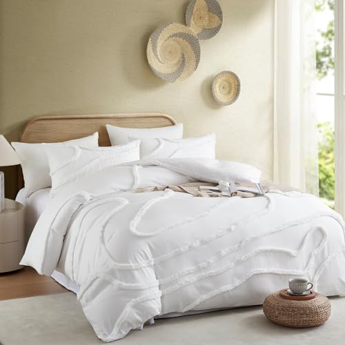 Cupocupa King Size Comforter SetBeige Boho Tufted Lightweight Bedding Set 3PCS Comforter Soft Jacquard Comforter with 2 Pillow Cases for All Season