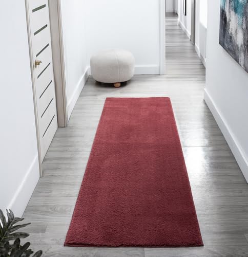 Rugs by Desire Comfy Washable Modern Living Room Rug Polyester Plain Indoor Area Rug with Low Pile - Anti-Slip Felt Backing SuperSoft Carpet Bedroom-Hallway, Red, 60x200 cm
