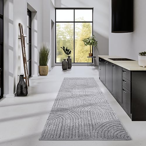 Elle Decor ation High Pile Rug Chappe - Modern Living Room Rug Runner, Long Pile Shaggy, Modern Pattern, Fluffy Soft Boho for Living Room, Bedroom - Light Grey, 80 x 240 cm