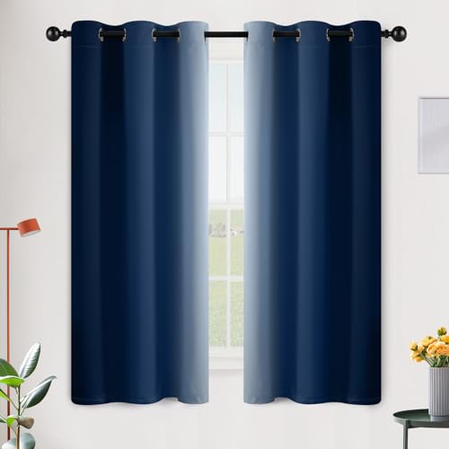 SimpleHome Ombre Room Darkening Blackout Curtains for Bedroom, Gradient Blue to Grey White Light Blocking Thermal Insulated Grommet Window Curtain/Drapes for Living Room, 2 Panels, 42x63 inches Length