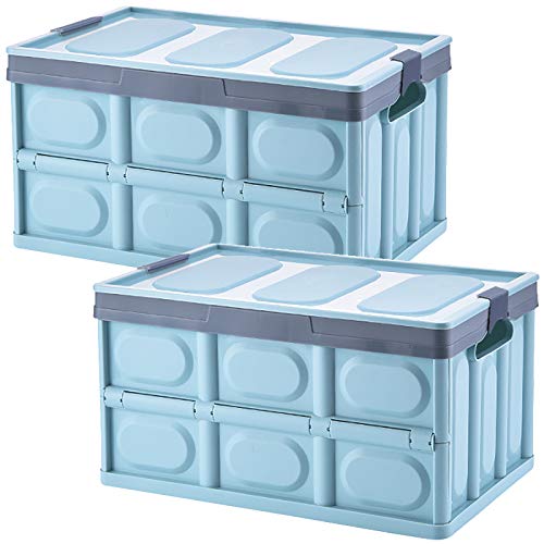 Lidded Storage Bins 2 Pack 30L Collapsible Storage Box Crates Plastic Tote Storage Box Container Stackable Folding Utility Crates for Clothes, Toy, Books,Snack, Shoe, and Grocery Storage Bin-Blue