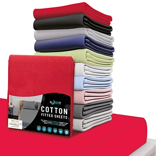 Dreamzie - Fitted Sheet 90 x 190/200-100% Jersey Cotton Oeko Tex Certified – Red – Fitted Sheet 90 x 190/200 Cotton