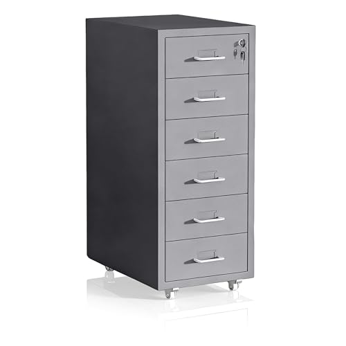 Relaxdays Rolling Filing Cabinet with 6 Drawers, Lockable Steel, 69x28x41 cm, Grey