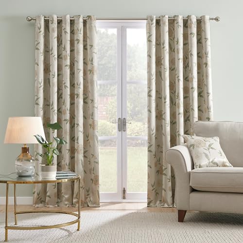 "Dreams & Drapes - Natural Floral Curtains W46 x L72"" (117 x 183cm) - 2x Panels - Natural Flower Eyelet Curtains & Drapes for Bedroom and Living Room - Traditional Vintage Curtains with White Floral"