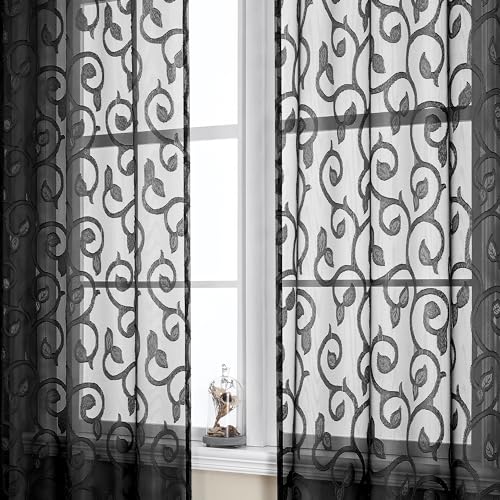 OWENIE Furman Black Sheer Curtains - 54 Inch Length, 2 Panels Set for Living Room, Bedroom, Bathroom - Airy Jacquard Clip Curtains with Pattern, Each 42Wx54L inch
