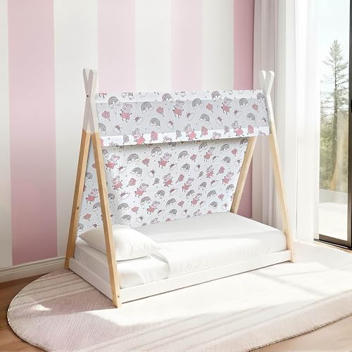 Kids Peppa Pig House Bed Frame with Fabric Canopy – Wooden Toddler Floor Bed with Peppa Pig Print Tent Cover – Montessori Style Children’s Bed for Bedroom