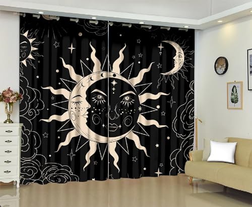 kxry Sun and Moon Blackout Curtains for Bedroom Living Room Black and Khaki Boho Celestial Darkening Grommet Curtain 63 Inches Long Window Drapes Treatment Room Decor,2 Panels Set, 52''W x 63''L