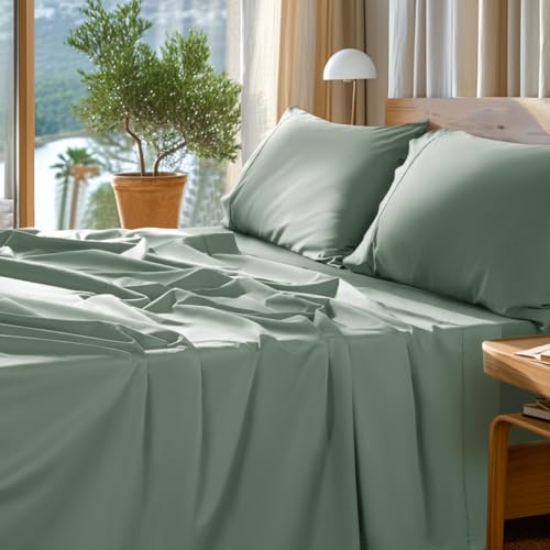 "SONORO KATE 1000 Series 100% Egyptian Cotton King Sheet Set,4 Pieces - Soft,Breathable Long Staple,Sateen Weave,Luxury 5-Star Hotel Bed Sheets,16"" Deep Pocket,Sea Glass"