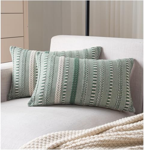 Cethom Boho Throw Pillow Covers 12x20 Inch Set of 2, Farmhouse Decorative Couch Pillow Cases, Light Green Accent Pillows of Bed, Sofa Bedroom Living Room Home Decor Cushion Cover