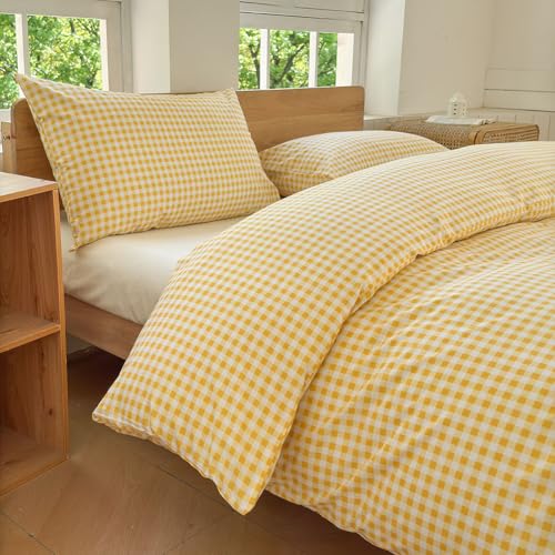 NSNLGSGC Yellow Gingham Grid Duvet Cover Set Queen, 100% Washed Cotton Plaid Comforter Cover Set, Ultra-Soft & Lightweight Cottage Bedding Set(3PCS, Queen)