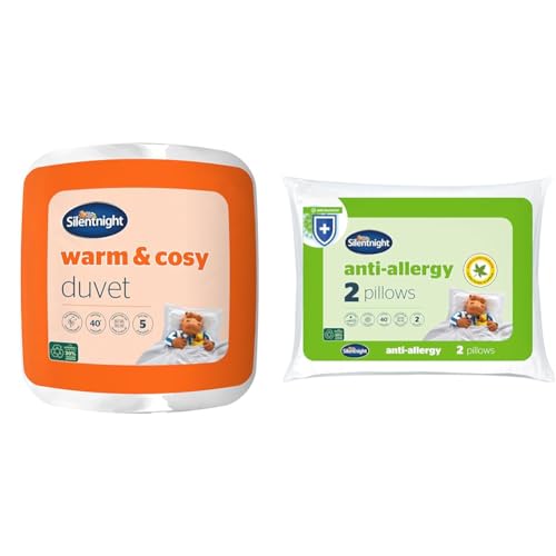 Silentnight Warm & Cosy Double 15 Tog Winter Duvet – Extra Warm Thick Heavyweight Cosy Winter Duvet & Anti-Allergy Pillows 2 Pack – Soft Medium Support Anti Bacterial, Bed Hotel Pillows