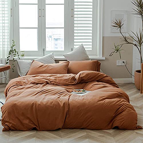 AMWAN Pumpkin Caramel Full Size Jersey Knit Cotton Duvet Rust Comforter Cover Terracotta Bedding Sets Simple Style Caramel Rust Duvet Cover 1 Full with 2 Pillowcases