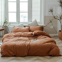 AMWAN Pumpkin Caramel Full Size Jersey Knit Cotton Duvet Rust Comforter Cover Terracotta Bedding Sets Simple Style Caramel Rust Duvet Cover 1 Full with 2 Pillowcases