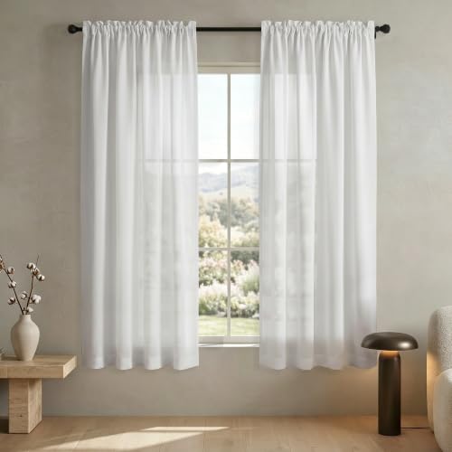 Mrs.Naturall 48 Inch Length Short White Linen Sheer Curtains, Rod Pocket Light Filtering Drapes for Bedroom Bathroom Window 2 Panel Set