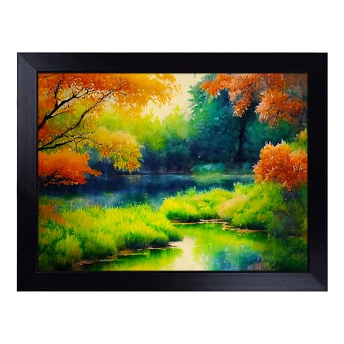 Lap Tray with Bean Bag Cushion, Watercolour Pond - Handmade in the UK, Raised Wooden Edge, Padded Cushion, Heat-Resistant Wipe-Clean Surface, for Meals, Laptops and Crafts