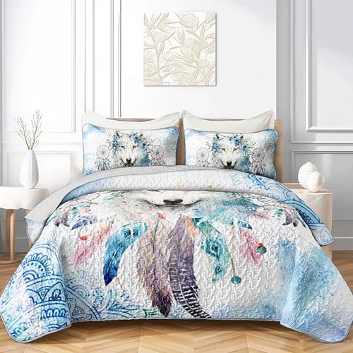 AILONEN Dreamcatcher Wolf Bedding Quilt Set King Size,Blue Watercolor Mandala Boho Bedspread Coverlet for Kids Boys Girls Adults,3 Pieces (Quilt,2 Pillowcases)