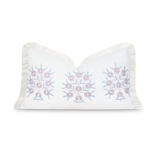 "Hofdeco Premium Coastal Patio Indoor Outdoor Lumbar Pillow Cover Only, 12""x20"" Water Repellent for Backyard, Couch, Blush Pink Embroidered Floral with Fringe"