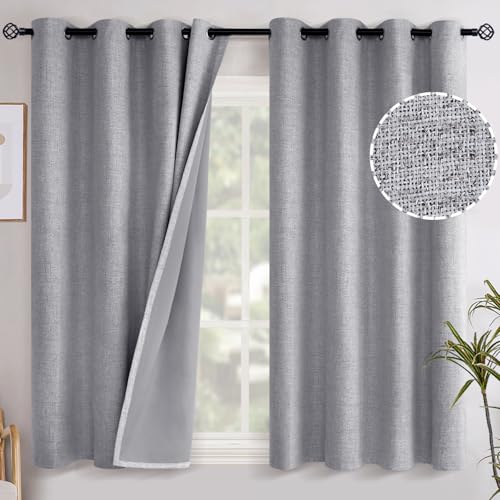 YoungsTex Grey Linen Curtains Blackout 54 Inches Long for Bedroom, Grommet Thermal Insulated Linen Textured Room Darkening Window Drapes for Living Room, 2 Panels, 52 X 54 Inch