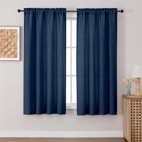 Chyhomenyc Navy Blue Curtains 63 Inch Length 2 Panels, Light Filtering Faux Linen Slub Textured Soft Airy Living Room Curtain, Elegant Rod Pocket Window Curtains for Bedroom, Each 42Wx63L, 2PCS