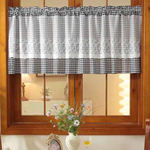 "Huierxun Black and White Buffalo Check Plaid Tier Curtains Floral Lace Semi Sheer Kitchen Curtain Farmhouse Gingham Curtains Rod Pocket Tiers for Living Room (Black B,52""x24"")"