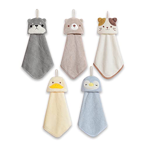 PRATIQUE 5 Pack Cute Hand Towels, Bathroom Towels with Hanging Loop, Children Hand Towel Animals, Microfiber Coral Fleece Absorbent Hand Towel for Kitchen Bathroom Bedroom (5pcs)