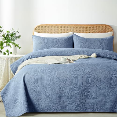 WURUIBO Twin Quilt Set Bluish Grey,Ultrasonic Embossed Bedspread, Lightweight Microfiber Coverlet, Modern Thin Bedding Set for All Season, 2 Piece(1 Quilt,1 Pillow Shams)