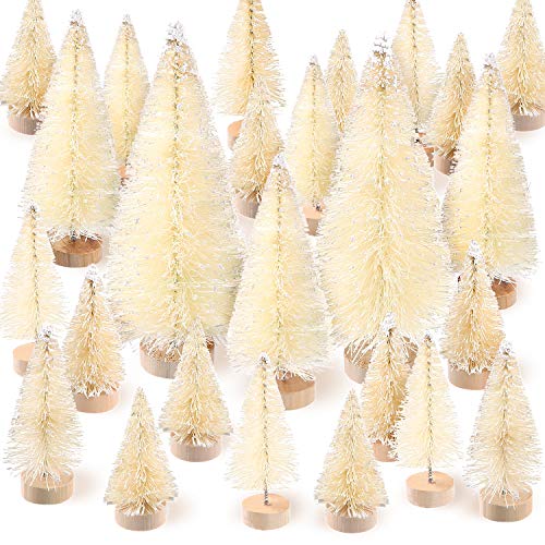 60 Pieces Artificial Mini Christmas Tree Sisal Snow Trees Bottle Brush Christmas Trees Pine Trees Ornaments with Wooden Base for Christmas Party Home Decoration (4 Sizes, White)