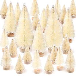 60 Pieces Artificial Mini Christmas Tree Sisal Snow Trees Bottle Brush Christmas Trees Pine Trees Ornaments with Wooden Base for Christmas Party Home Decoration (4 Sizes, White)