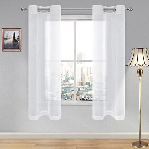 DWCN White Faux Linen Sheer Curtains - Grommet Voile Window Curtain Drapes for Bedroom Living Room 28 x 63 inch Length, Set of 2