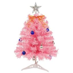 Uten Pink Mini Christmas Tree, 1.8ft/55cm Desktop Small Xmas Tree with 30 LED String Lights, Tree Topper Star Ornaments and Bow, 15 Christmas Balls for Desktop Christmas Decoration