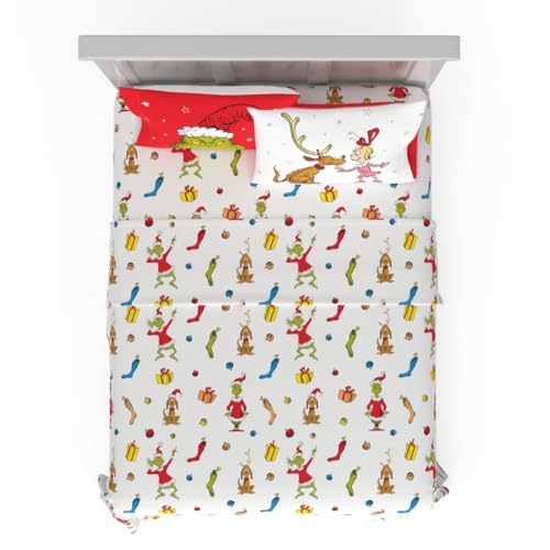 Franco Collectibles Dr. Seuss The Grinch Holiday & Christmas Bedding Super Soft Microfiber 4 Piece Queen Sheet Set, (Officially Licensed Product)