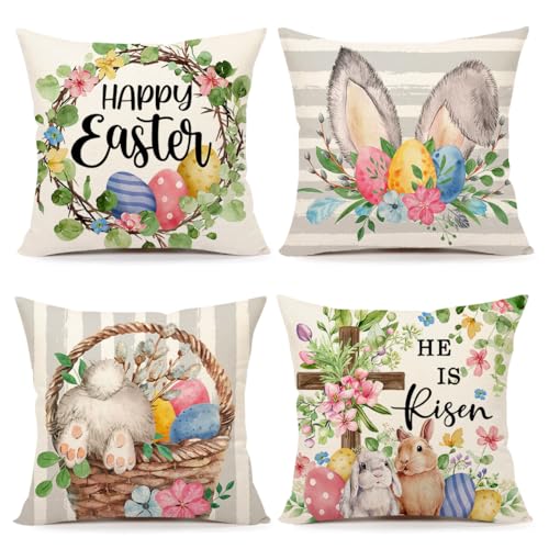 4TH Emotion Gray Easter Pillow Covers 18x18 Set of 4, He is Risen Bunny Floral Eggs Farmhouse Decorations Spring Holiday Decor Throw Cushion Case for Home Couch TH211