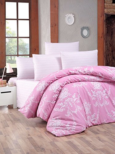 Nuit Des Rêves Ranforce Single Quilt Cover Set (135 x 200 cm), 100% Cotton, Pink & White, Machine Washable, 145 Thread Count, Envelope & Button Closure, Cosy & Stylish Bedding