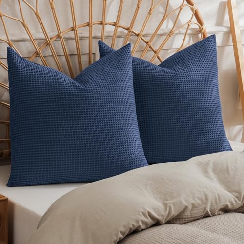 "PHF 100% Cotton Waffle Weave Throw Pillow Cover, 22"" x 22"", No Filling, 2 Pack Elegant Home Decorative Square Throw Pillow Covers for Bed Couch Sofa, Bright Navy Blue"