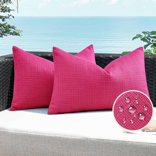 Artscope Outdoor Waterproof Throw Pillow Covers 16x24 Inch Decorative Linen Outdoor Pillows Cushion Case for Patio Couch Sofa - Hot Pink