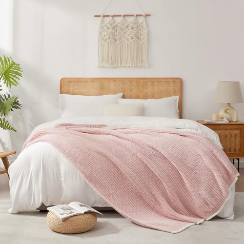 Snuggle Sac Pink Waffle Throw Blanket for Couch Bed Sofa 60x80 inches, Reversible Pink Blanket Microfiber Fluffy Fuzzy Cozy Knit Twin Blanket for Women Mothers Birthday Gifts