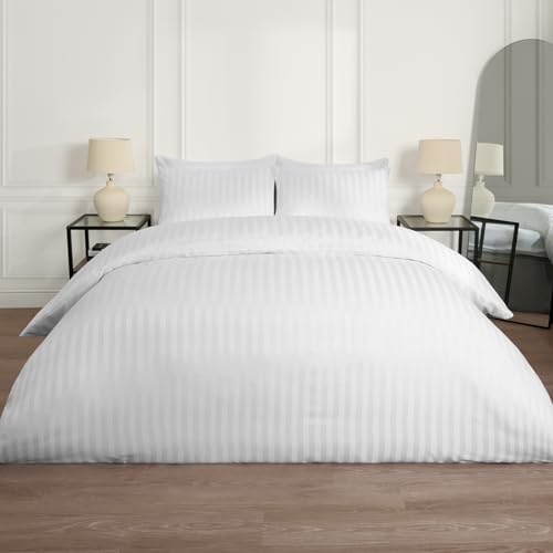 OHS Satin Stripe Duvet Set King Size, White Bedding Ultra Soft Luxury Hotel Quality Duvet Covers Set King Size with Pillowcases Bedding Set