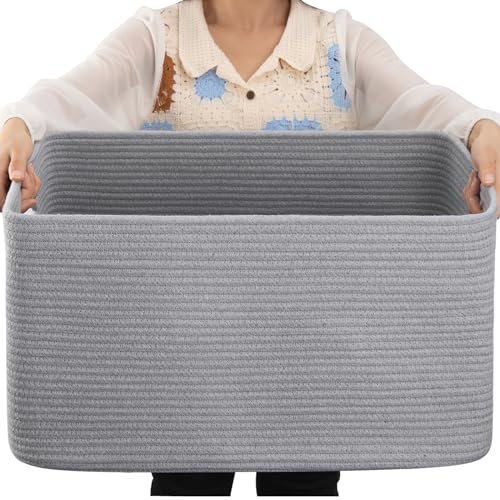 OIAHOMY 75L Large Blanket Basket, Woven Blanket Storage Basket with Handle, Cotton Rope Basket for Organizing 22”x17”x12”, Blanket Basket living Room, Toy Basket for Nursery, Grey
