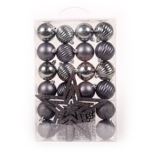 WeRChristmas 26-Piece Deluxe Variety Christmas Tree Baubles Decoration Pack with Topper and Beads, Silver/Grey