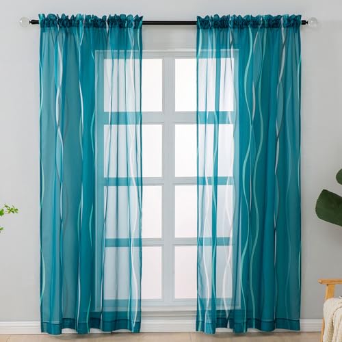 L.Z.E Teal and White Sheer Curtains 84 Inch Long 2 Panels Set for Living Room, Voile Sheer Curtains & Drapes for Bedroom Dining Room Kids Room, Rod Pocket Wave Pattern Window Sheers (55W x 84L)