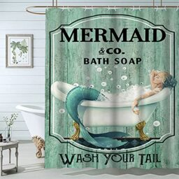Famiffty Mermaid Shower Curtain Mermaid Bathroom Set 72Wx72L Inch Little Mermaid Shower Curtain Teal Green Wash Your Tail Funny Ocean Bathtub Bubbles Vintage Wood Waterproof Polyester Fabric 12 Hooks
