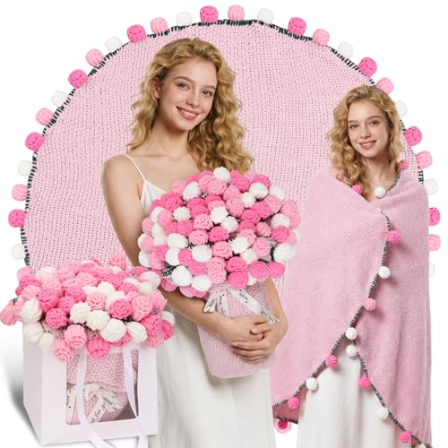 SEEGU Handmade Crochet Flower Bouquet, Rose Floral Throw Blanket 31Inches - Rose Bouquet Blanket, Gifts for Wife Girlfriend Mom Her Anniversary Wedding, Home Decor, Knitted, Handmade