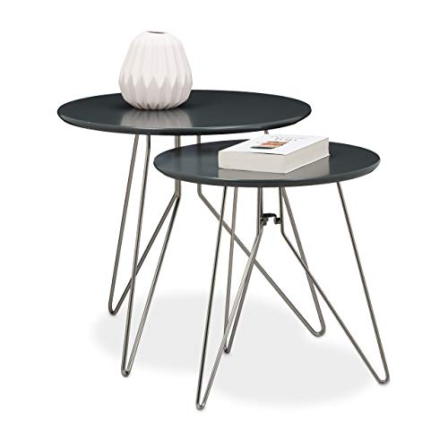 Relaxdays Side Table Set of 2, Wooden, 48 and 40 cm Diameters, in 2 Different Sizes, Matt Gray