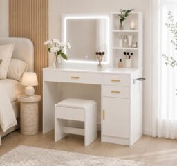 Vida Designs Clova 3 Drawer 1 Door LED Dressing Table Set - White - 140H x 115W x 40D cm - Built-In Power Outlet and USB Ports - Includes Stool and Mirror - Space-Saving - Full Makeup Vanity Desk Set