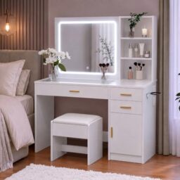 Vida Designs Clova 3 Drawer 1 Door LED Dressing Table Set - White - 140H x 115W x 40D cm - Built-In Power Outlet and USB Ports - Includes Stool and Mirror - Space-Saving - Full Makeup Vanity Desk Set