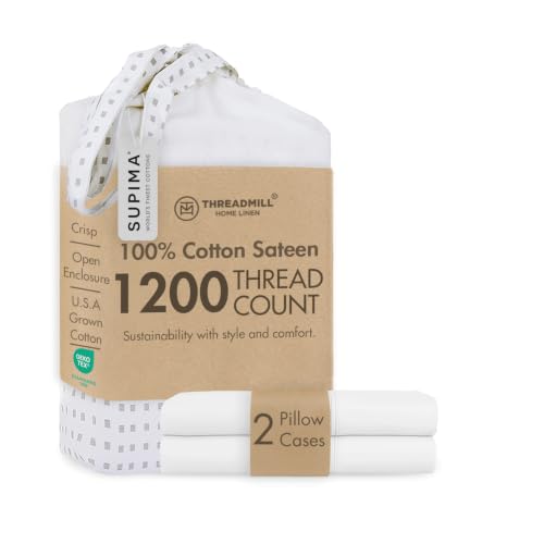 Threadmill Home Linen 1200 Thread Count 100% Supima Cotton Sheets Set of 2 Standard Pillow Cases, Luxury Smooth Solid Sateen, White