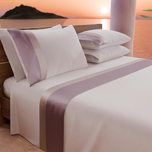 PETTI Artigiani Italiani - Double Bed Sheet Set with Double Satin Frill, 4 Pieces, 180 x 200 cm, Percale Cotton Sheets - Fitted Sheet, Top Sheet and 2 Pillowcases, Powder
